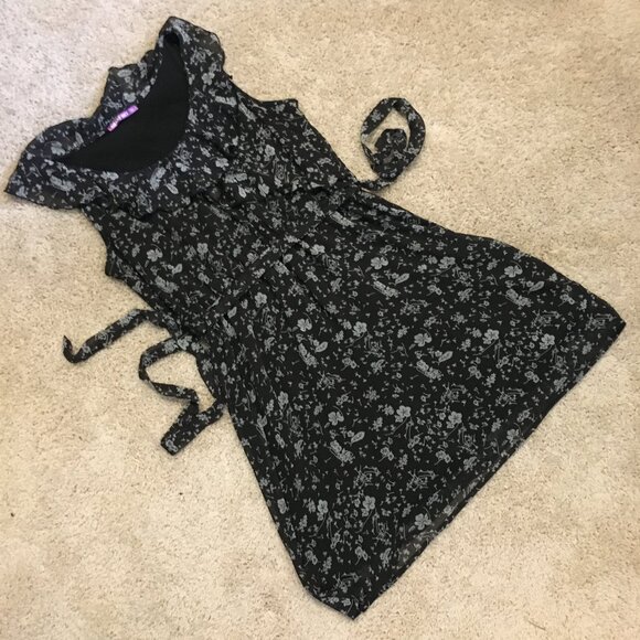 Retro Floral Boho Ruffle Collar Sleeveless Belted Dress - Picture 11 of 16